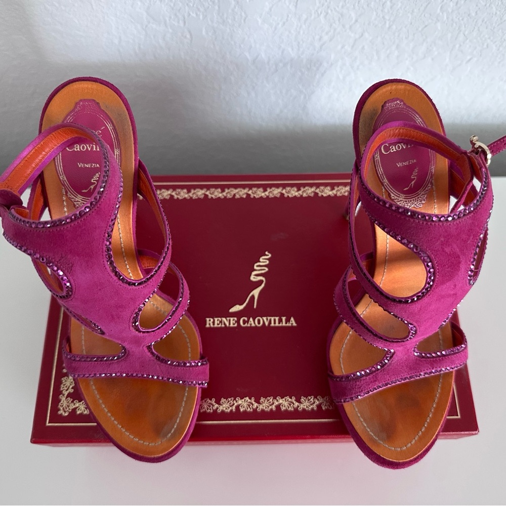 Pink Rene Caovilla glitter bottom heels
